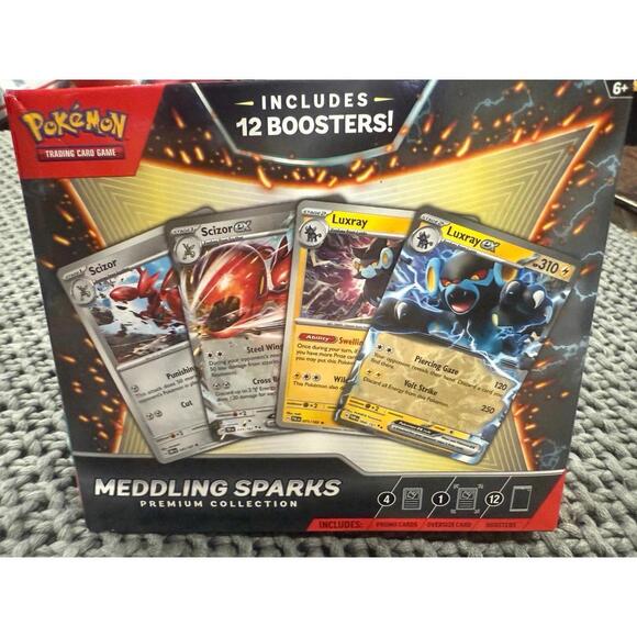 12 PACKS + 4 FOIL CARDS** Pokmon Meddling Sparks Premium Collection SEALED